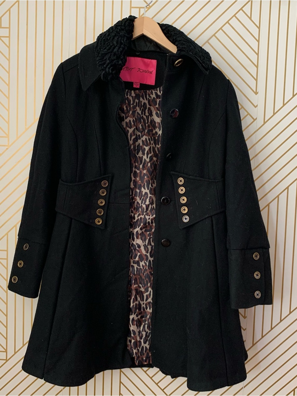 Betsey Johnson Y2K 2000's Black Wool Military Princess Coat Leopard Rose Lining - Picture 4 of 11
